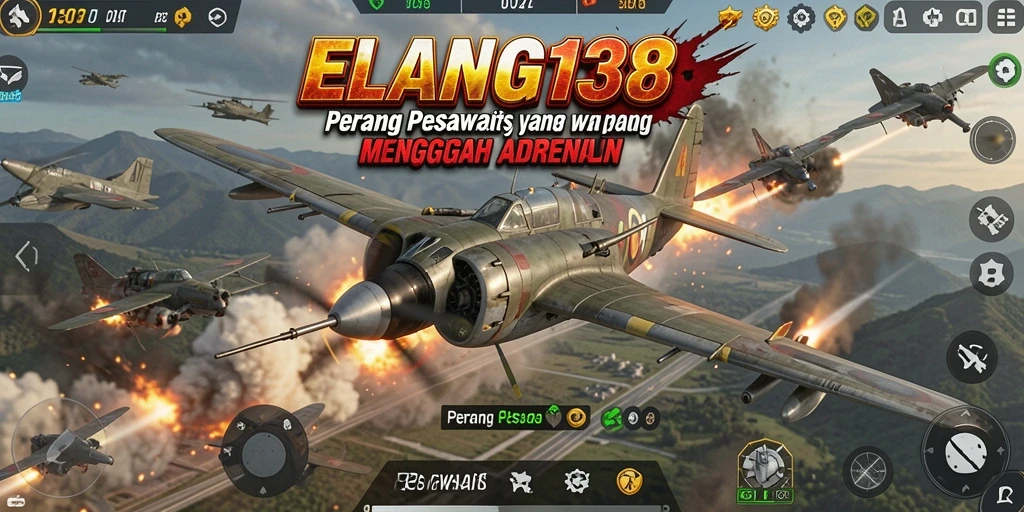 Screenshot utama ELANG138 menampilkan aksi tempur pesawat yang mendebarkan.