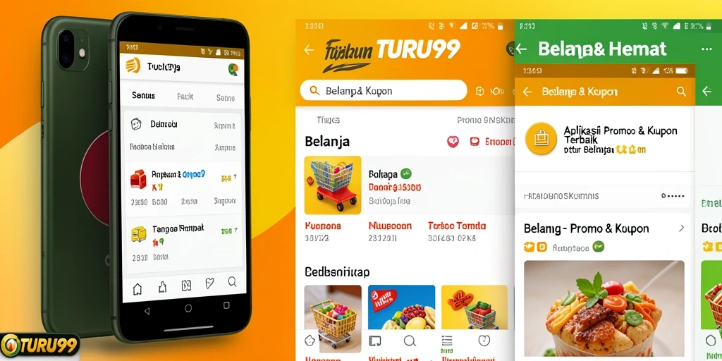 Antarmuka aplikasi TURU99 dengan berbagai kupon dan promo menarik.